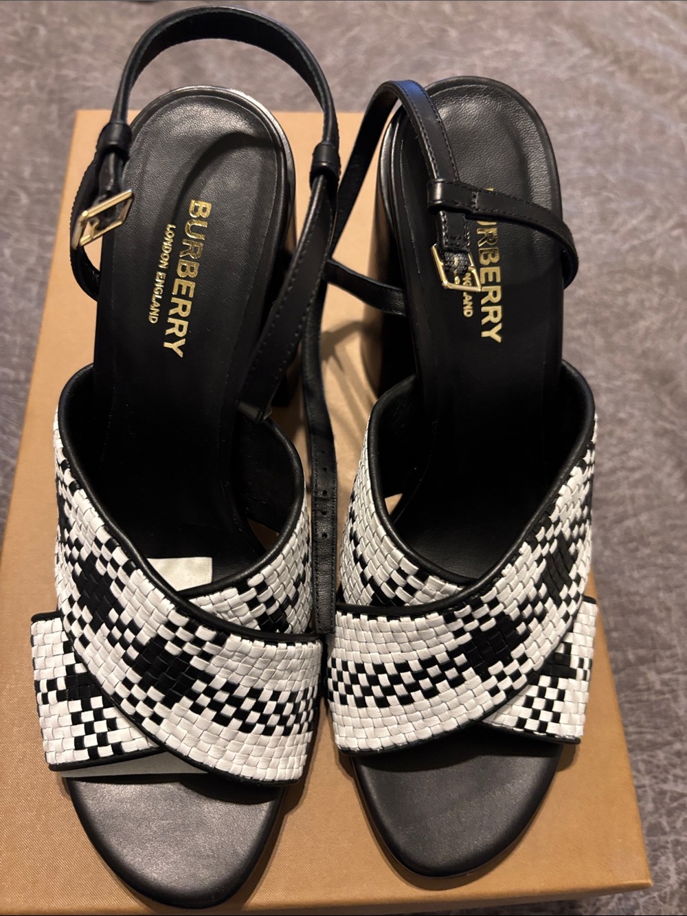 Burberry Black and White Woven Crisscross Slingback Heels